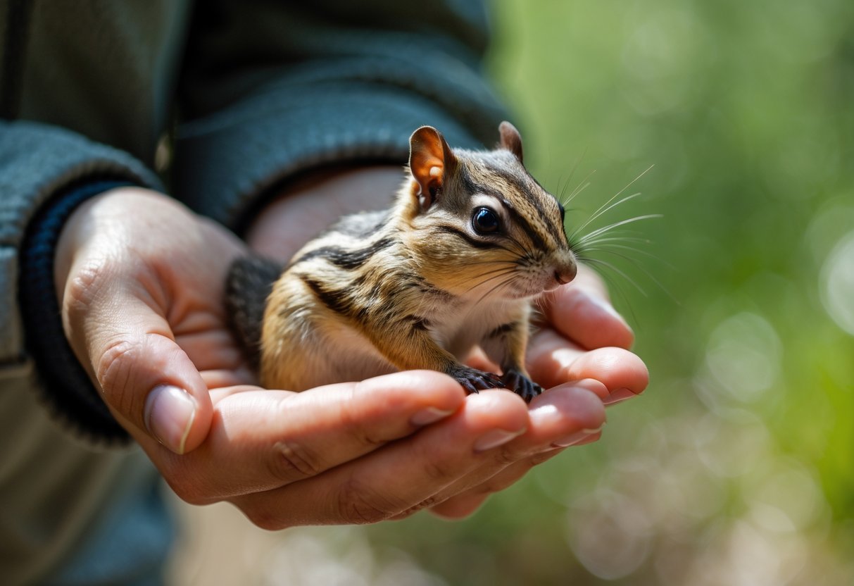 A person gently holding a small chipmunk outdoors with a blurred green background.