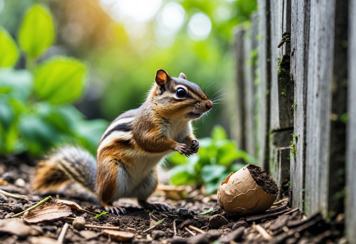 A chipmunk near a wooden garden fence with small signs of gnawing and chewed leaves around it in a green garden.