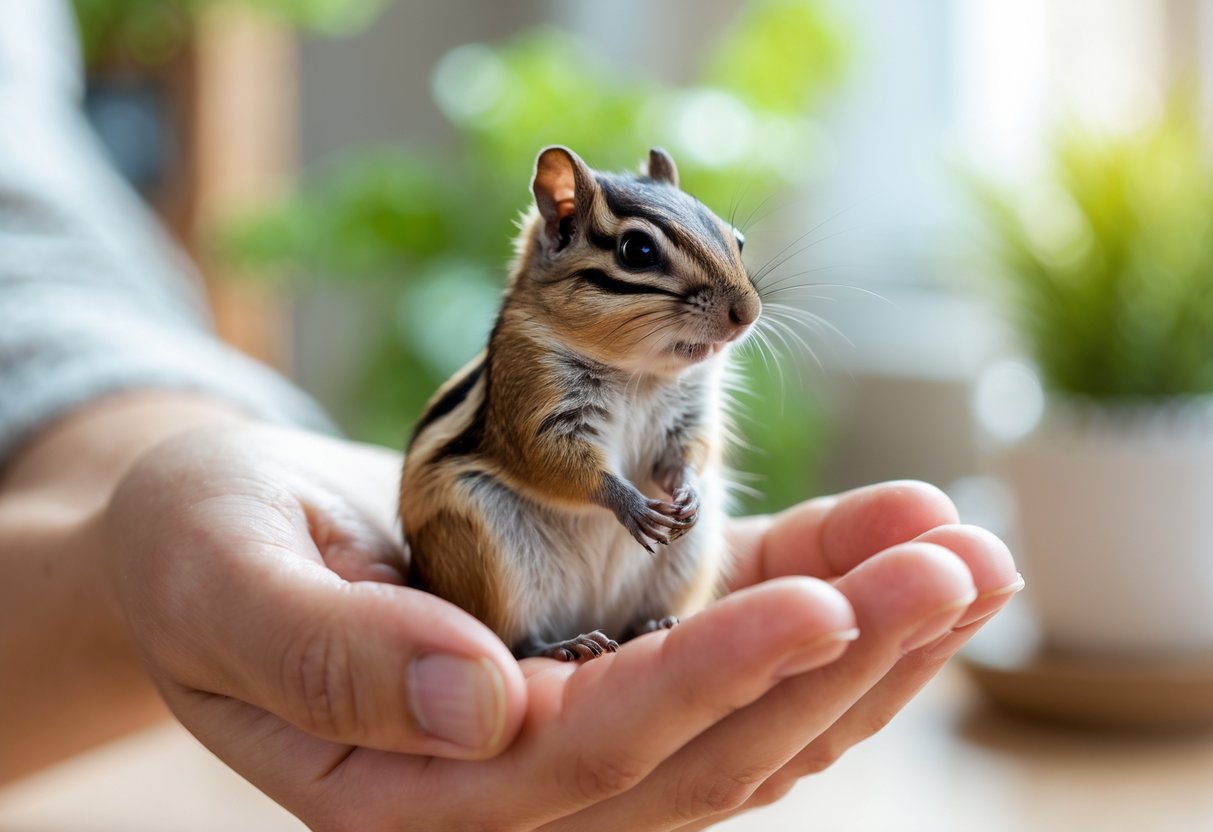 A chipmunk sitting calmly on a person's open hand inside a bright room with plants in the background.