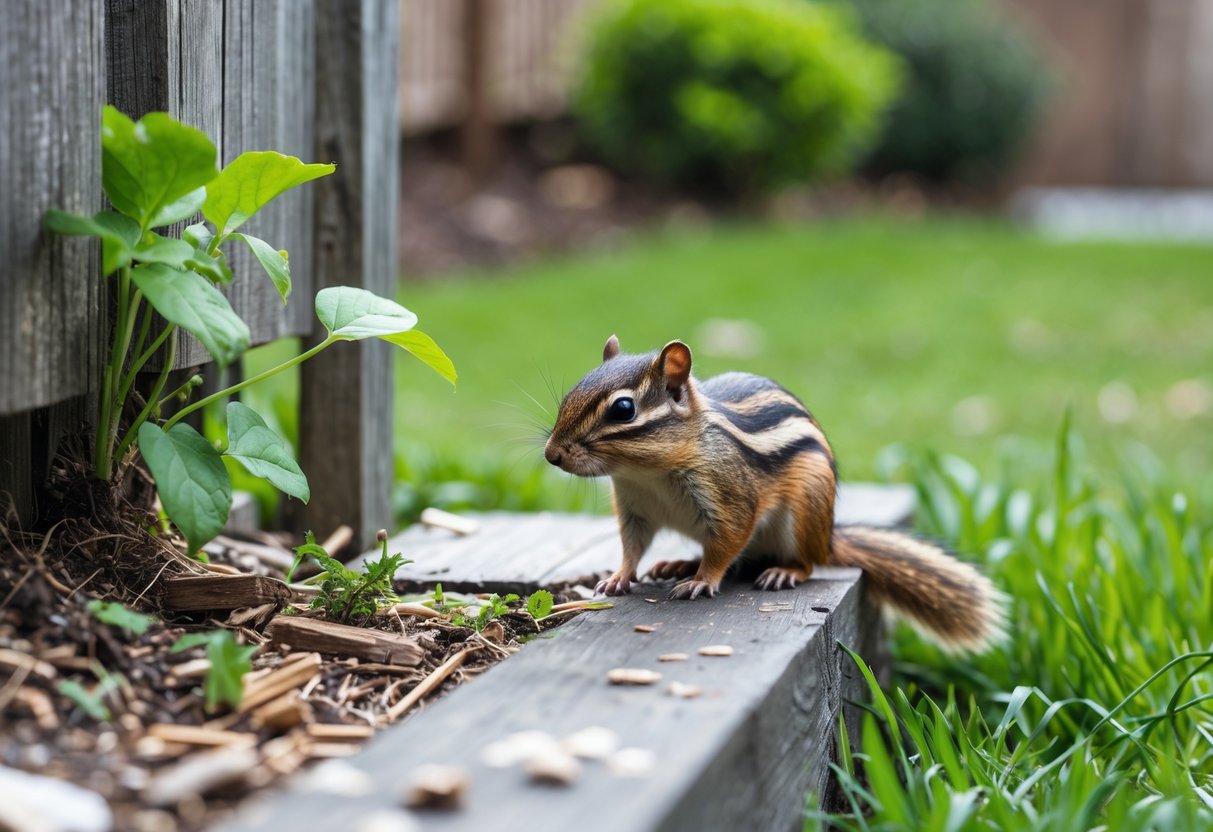 A chipmunk near a wooden fence in a garden with some chewed leaves and minor damage visible.
