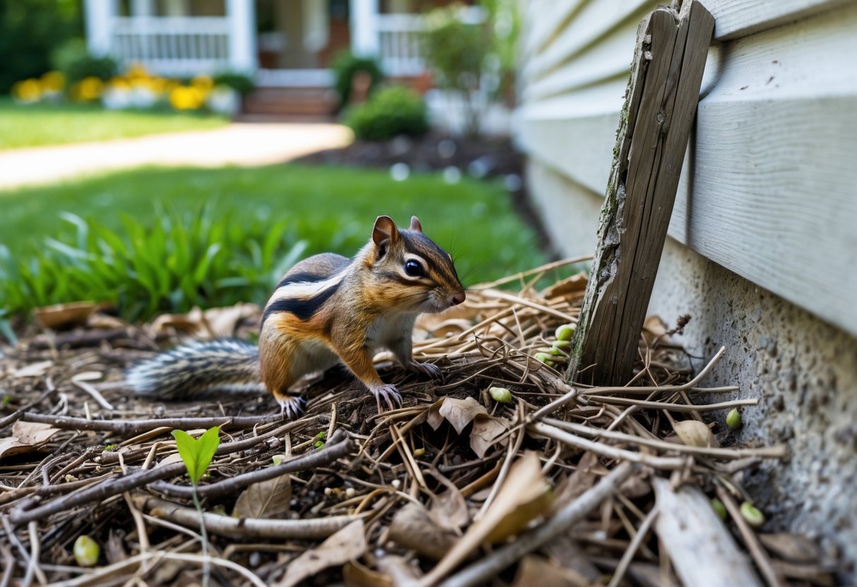 A chipmunk sitting near a house foundation in a backyard with grass, flowers, and a wooden fence.