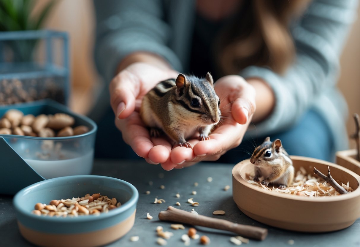 A person gently holding a small chipmunk indoors with pet care items nearby.