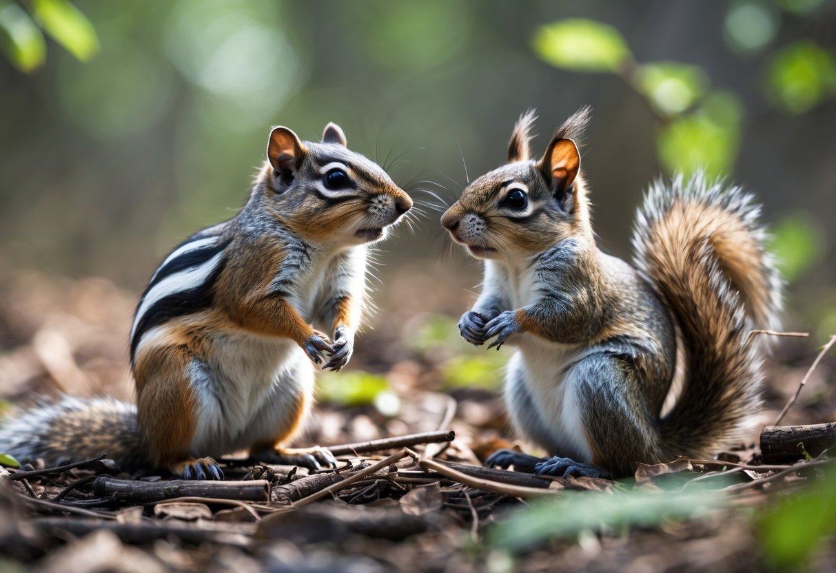 A chipmunk and a squirrel facing each other on a forest floor covered with leaves and twigs.