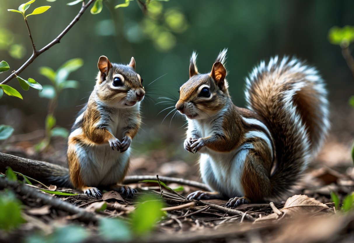 A chipmunk and a squirrel sitting on the forest floor surrounded by leaves and greenery.