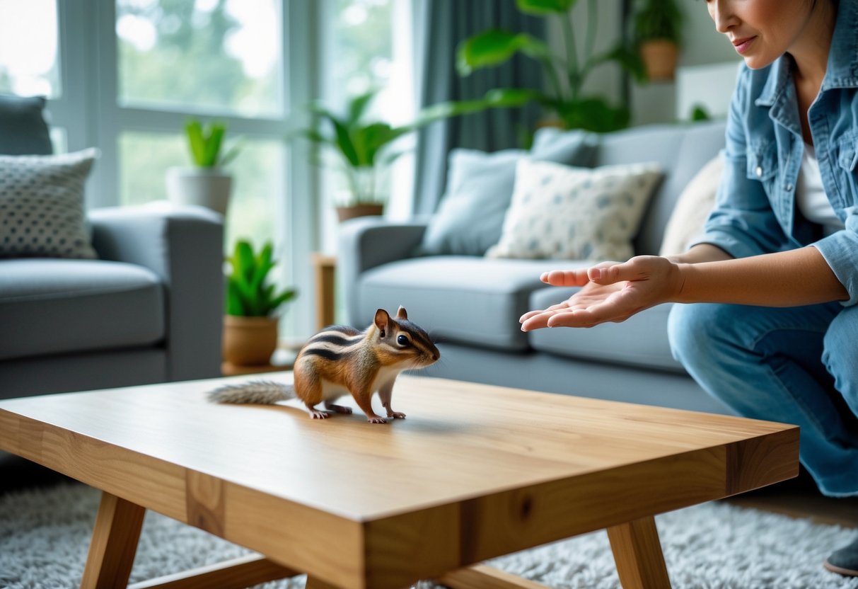 A person gently approaches a small chipmunk standing on a coffee table inside a living room.