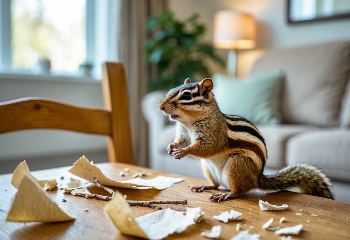 A chipmunk inside a home on a wooden table with chewed-up items like a chair leg, torn paper, and wires scattered around.