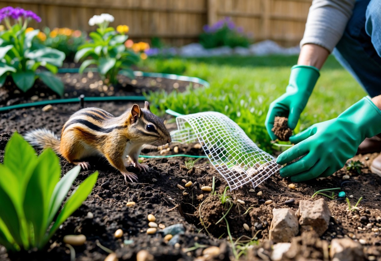 A chipmunk near a garden with damaged plants and soil, while a person places barriers and repellents to prevent chipmunk damage.