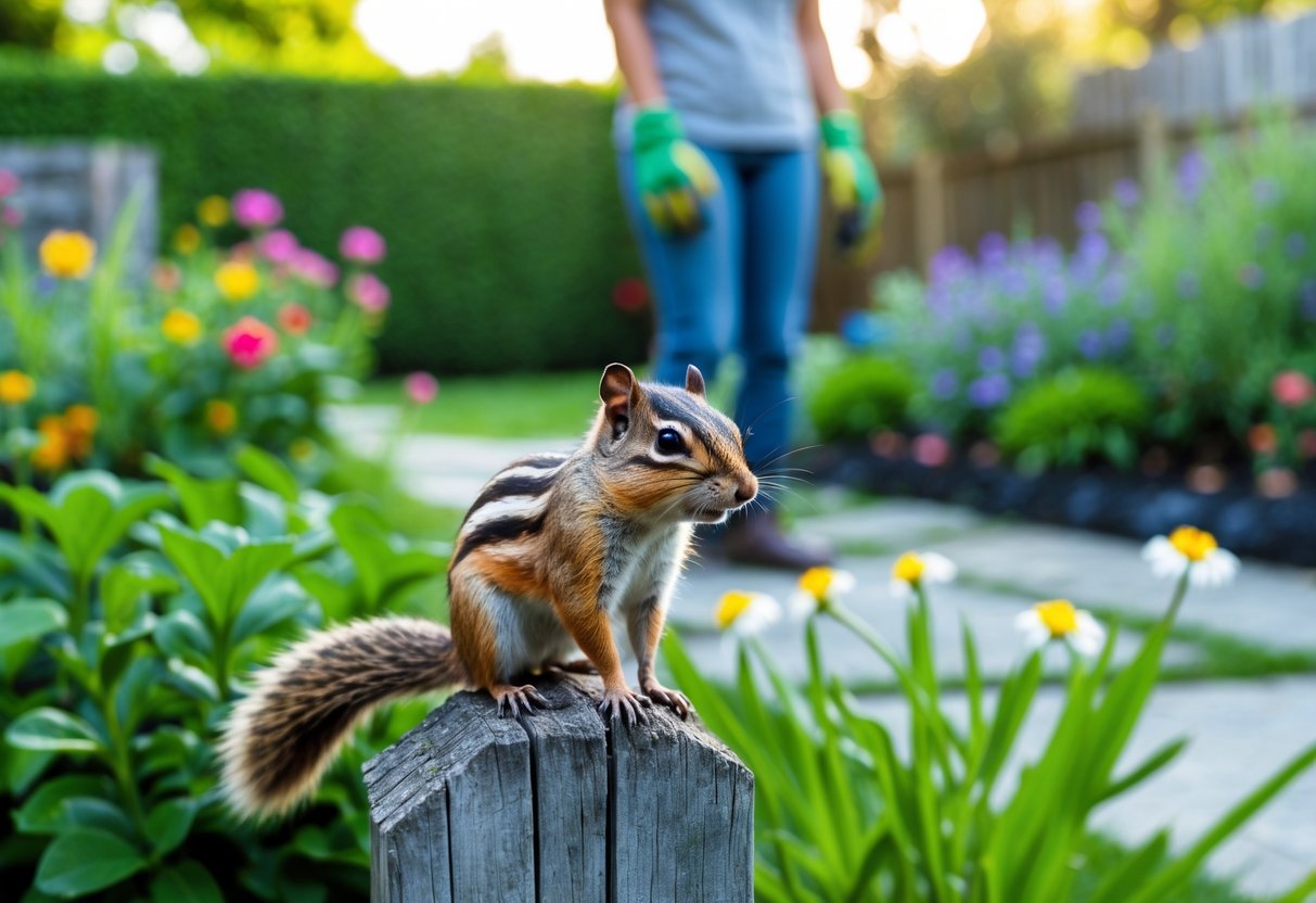 A chipmunk sitting on a wooden fence in a garden with a person watching it from a distance.