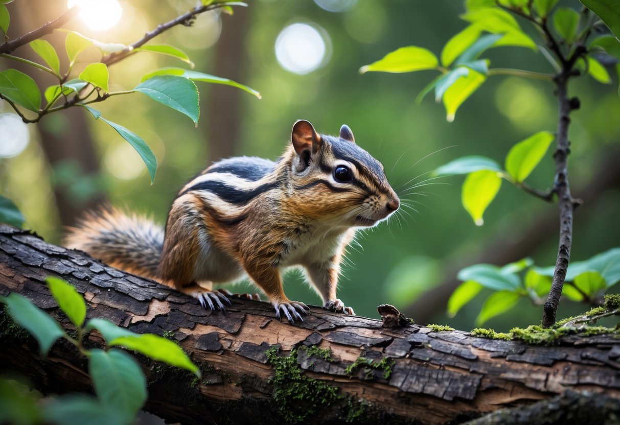 A chipmunk sitting on a tree branch in a forest surrounded by green leaves.