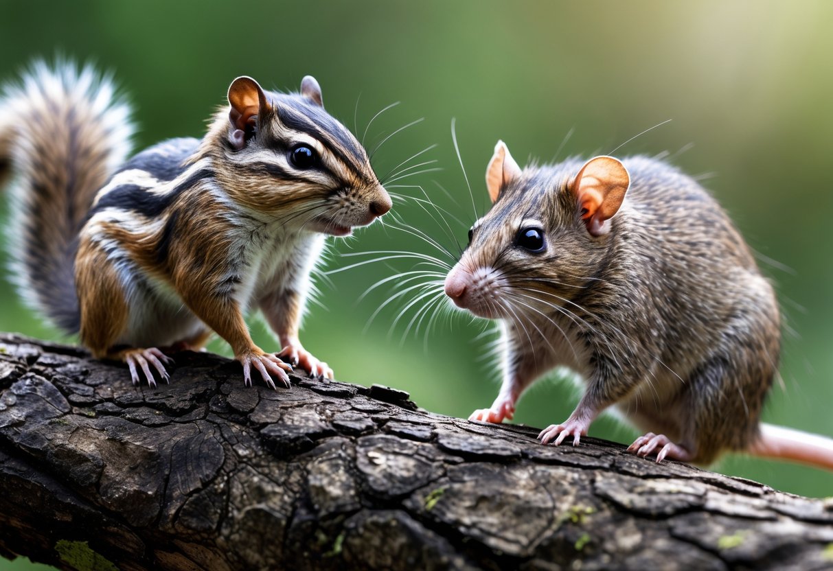 A chipmunk on a tree branch and a rat on the ground nearby in a natural outdoor setting.