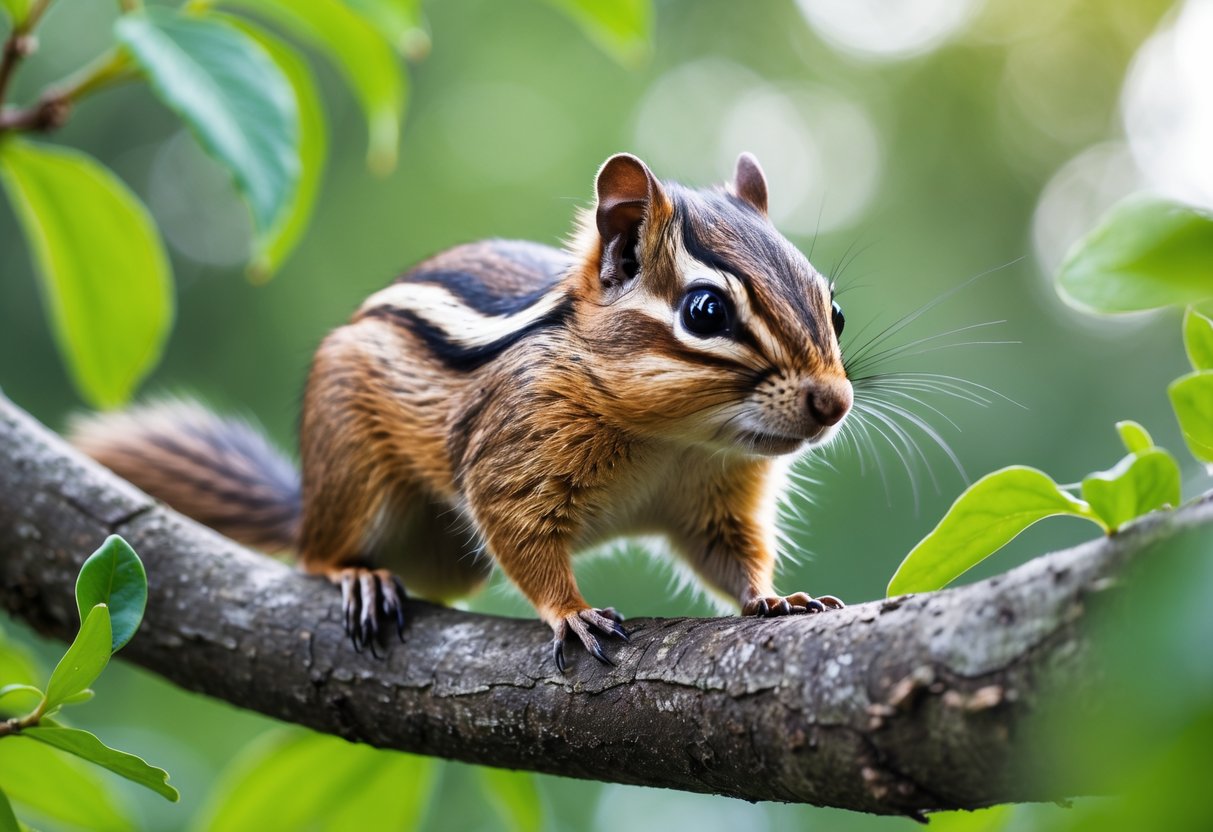 A chipmunk sitting on a tree branch surrounded by green leaves in a natural outdoor setting.