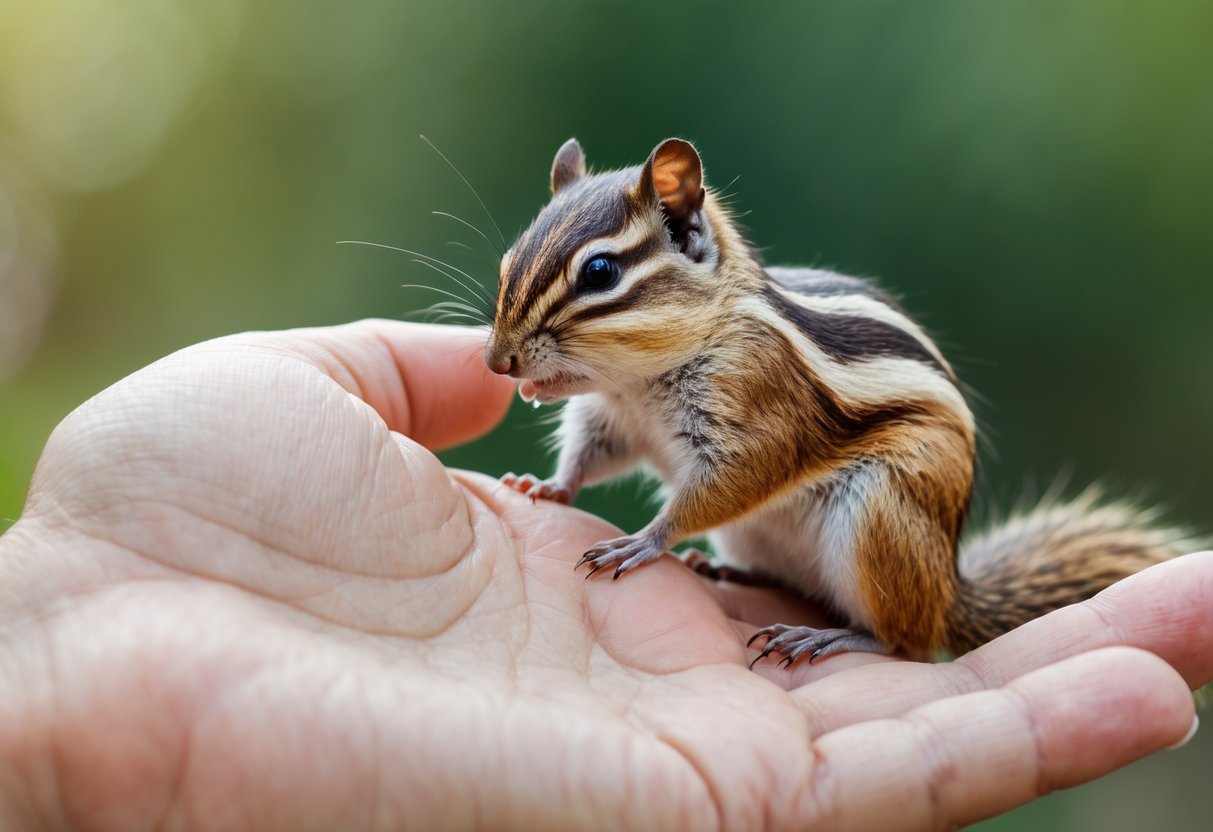 A chipmunk gently biting a person's finger while sitting on their hand outdoors.