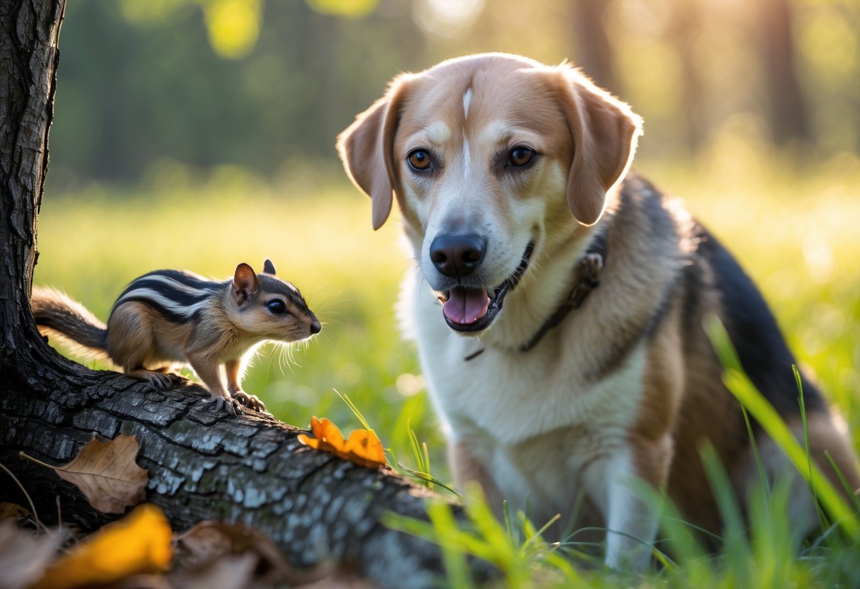 A chipmunk on a tree branch looking at a dog sitting on grass in a forested area.