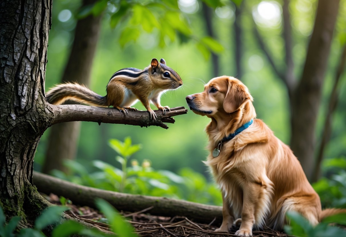 A chipmunk on a tree branch looking at a golden retriever dog sitting on the forest floor nearby.