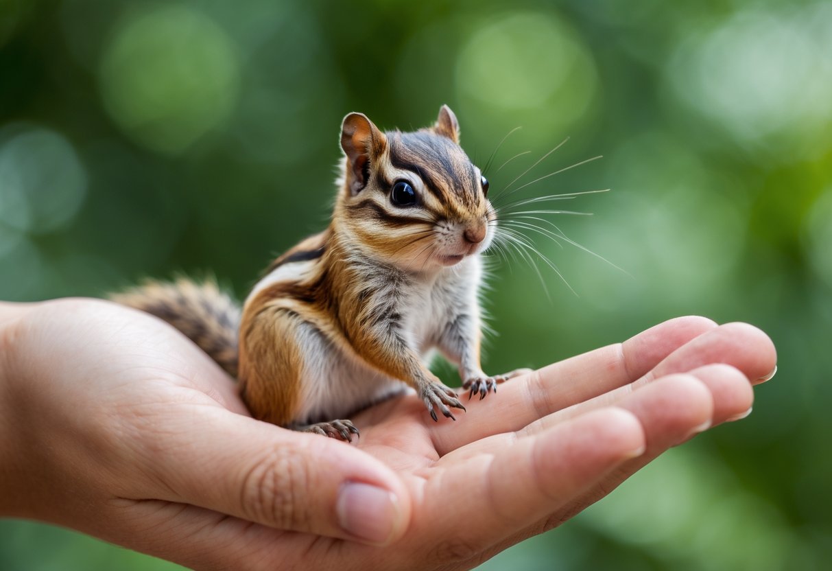 A small chipmunk sitting calmly on a person's open hand outdoors.