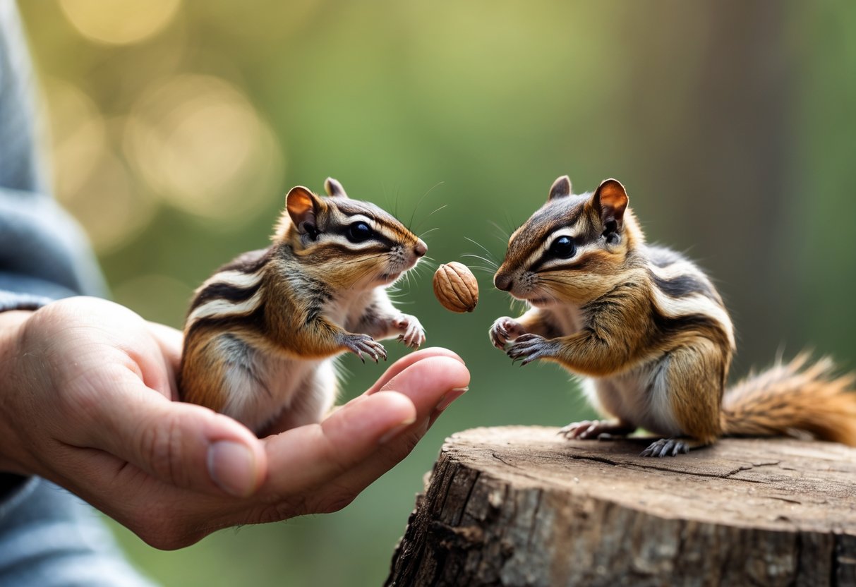 A person offering a nut to a chipmunk outdoors, with the chipmunk reaching out to take it.