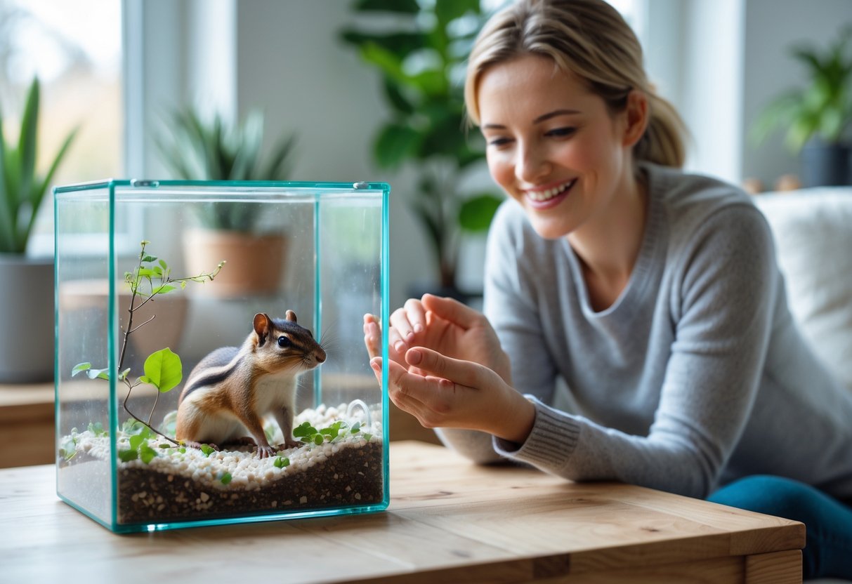 A chipmunk inside a glass terrarium on a wooden table with a person gently interacting with it in a bright living room.