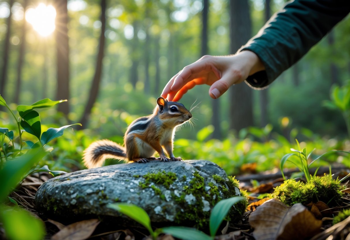 A person reaching out their hand to a chipmunk sitting on a rock in a forest clearing.