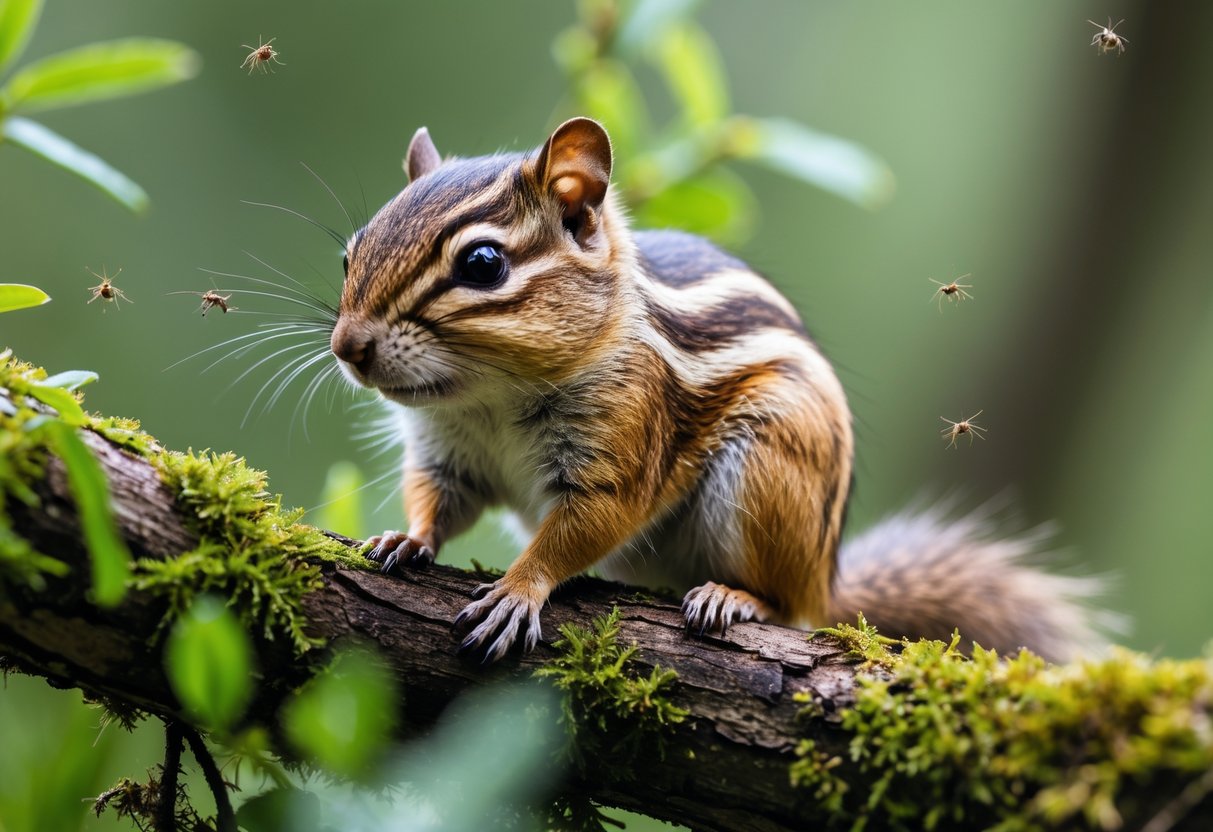 A chipmunk sitting on a mossy tree branch surrounded by green leaves, with small fleas visible on its fur.