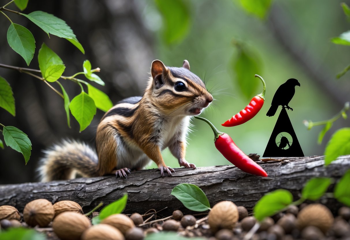 A chipmunk on a tree branch in a forest looking startled near a red chili pepper.