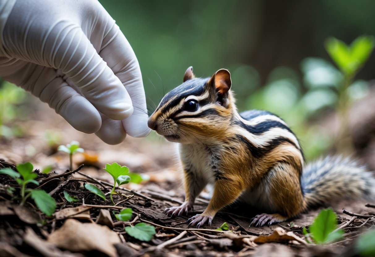 A chipmunk on forest ground with a gloved hand nearby inspecting the area.