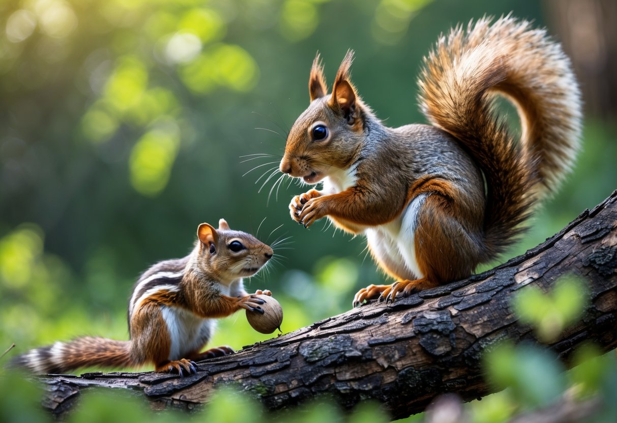 A squirrel on a tree branch looks down at a chipmunk eating a nut on the forest floor.