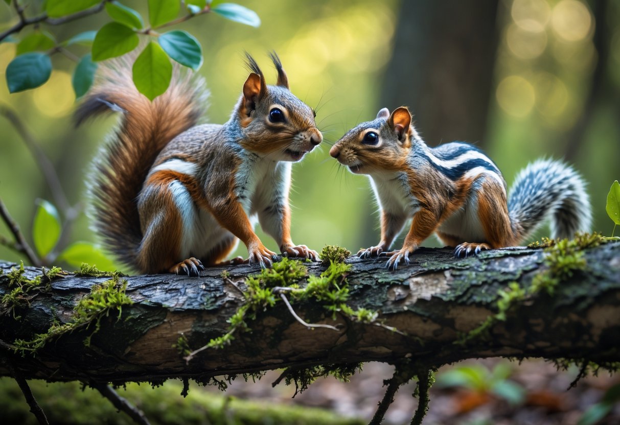 A squirrel and a chipmunk facing each other on a mossy tree branch in a forest.