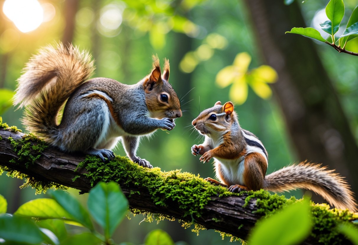 A squirrel and a chipmunk sitting close together on a tree branch in a green forest.