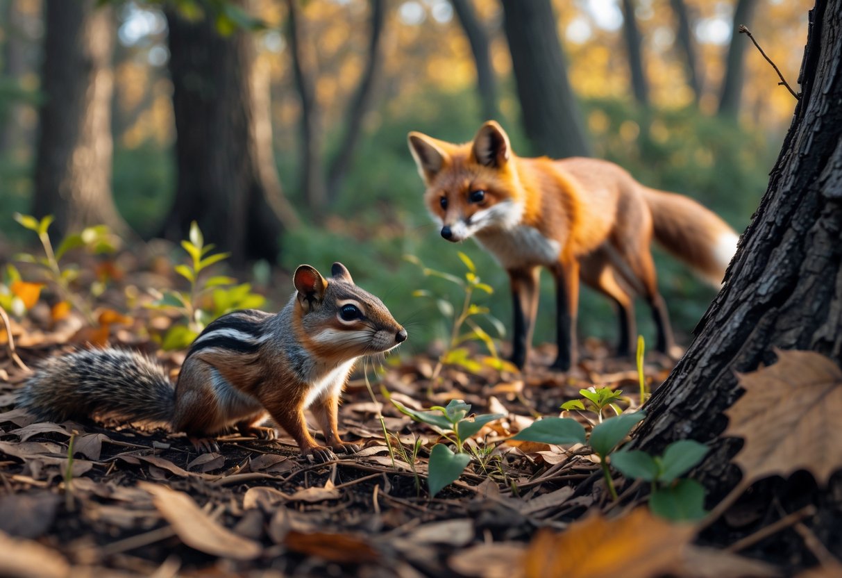 A chipmunk on the forest floor with a red fox approaching quietly in the background among trees and bushes.
