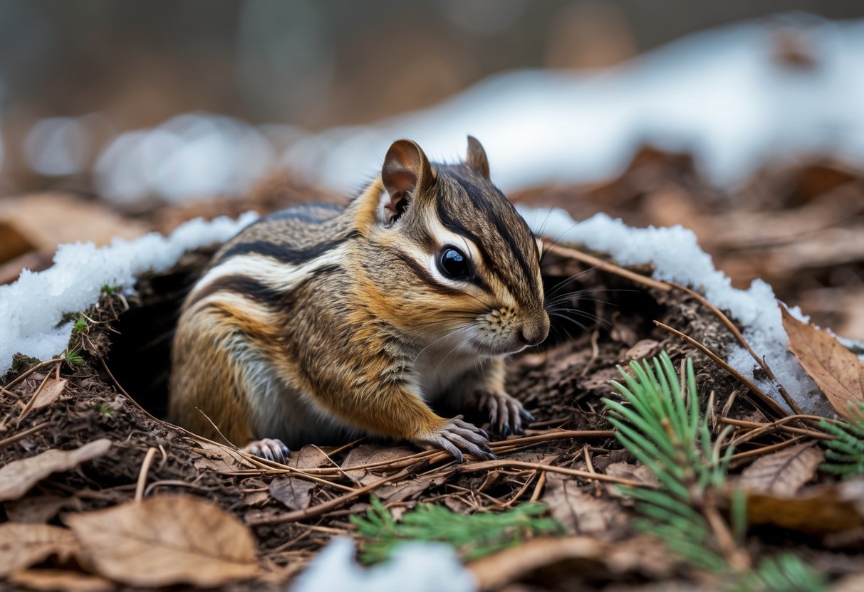 A chipmunk curled up inside a burrow on a snowy forest floor surrounded by leaves and pine needles.