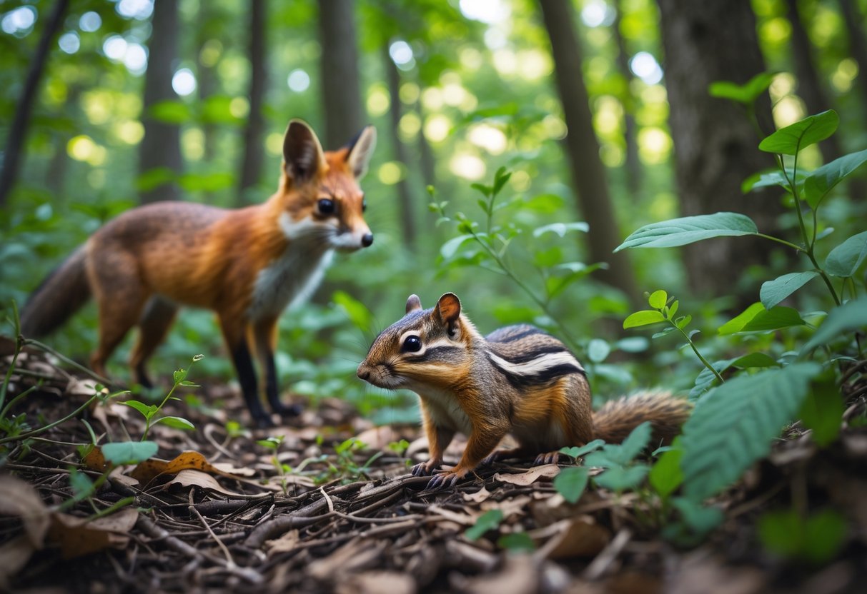 A chipmunk on the forest floor with a red fox partially visible nearby among green foliage.