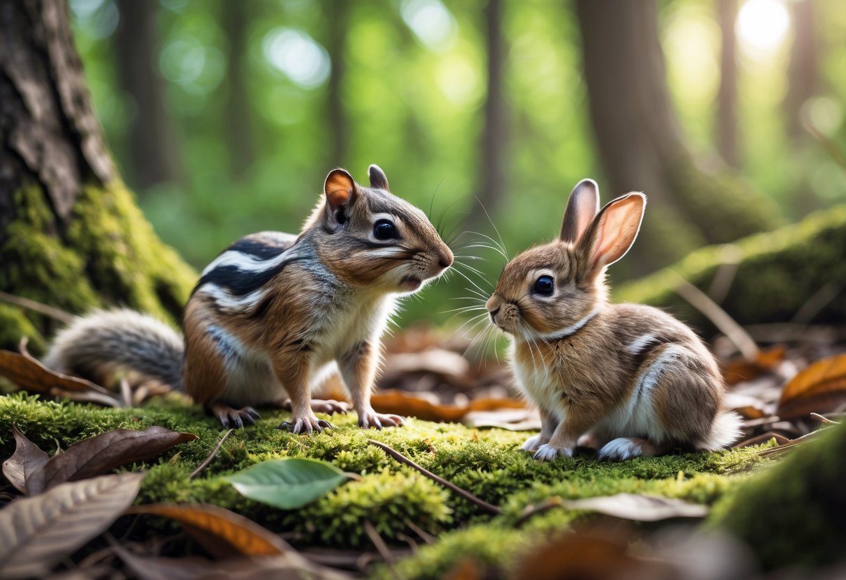 A chipmunk and a baby bunny sitting close together on the forest floor surrounded by leaves and moss.