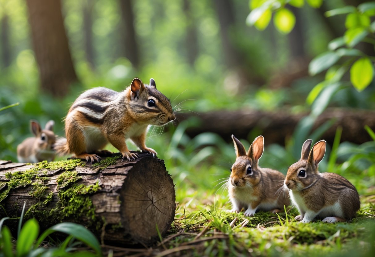 A chipmunk sitting on a log near baby bunnies resting in the grass in a forest setting.