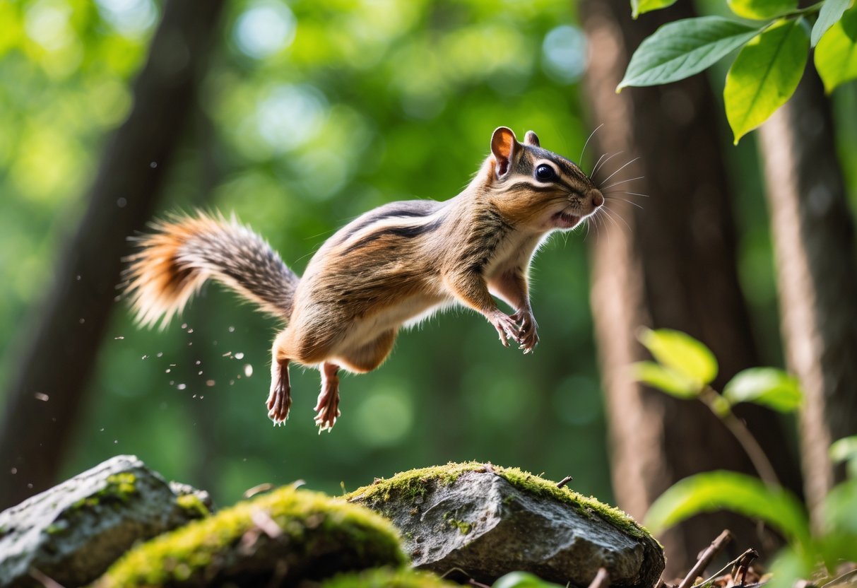 A chipmunk jumping between rocks in a forest setting.