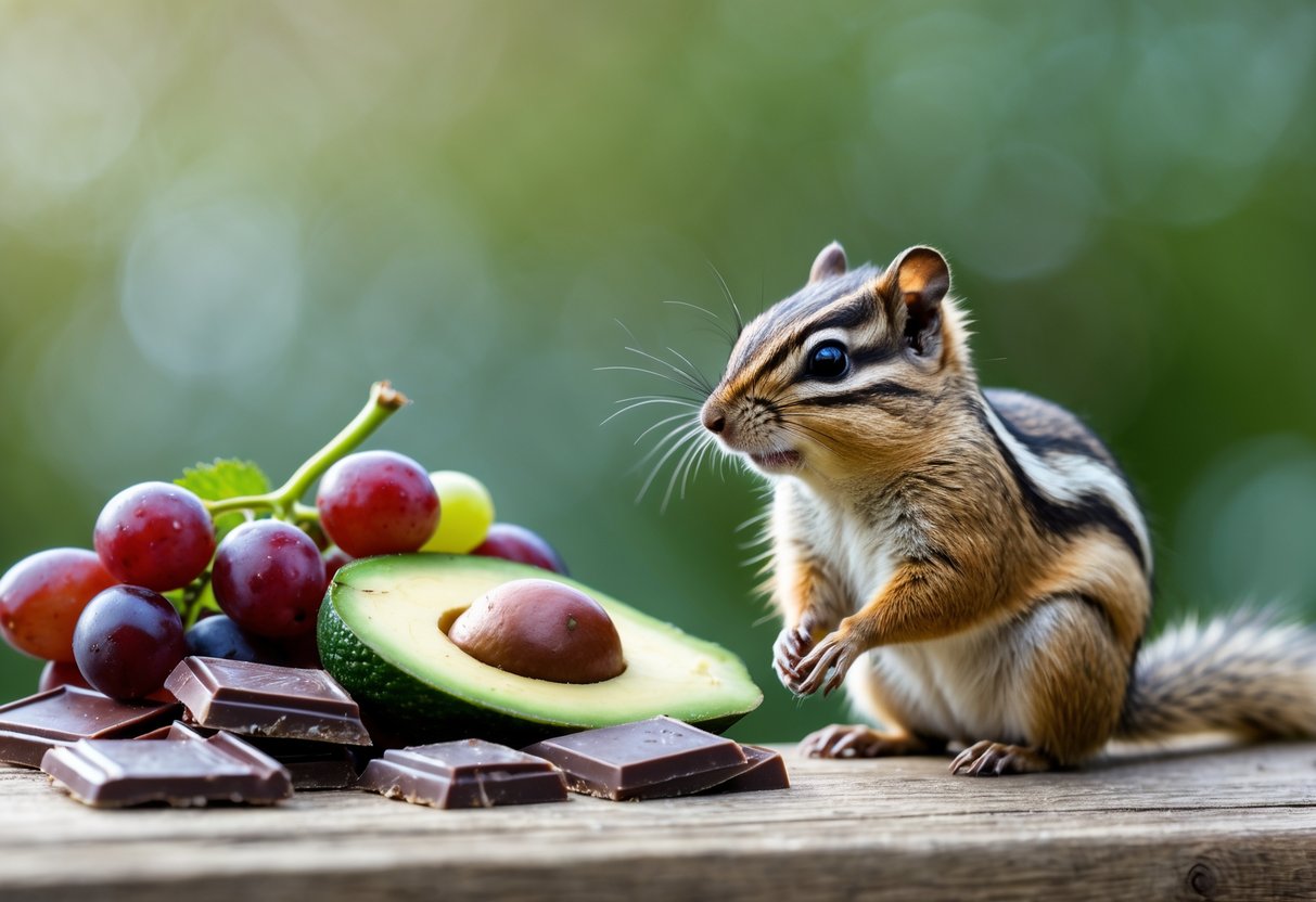 A chipmunk near pieces of chocolate, grapes, and avocado on a wooden surface outdoors.