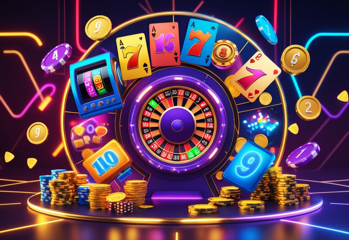 Ilustrasi tujuh elemen permainan kasino Pragmatic Play yang populer, termasuk mesin slot, roda roulette, kartu, dadu, dan chip kasino dengan latar belakang kasino modern.