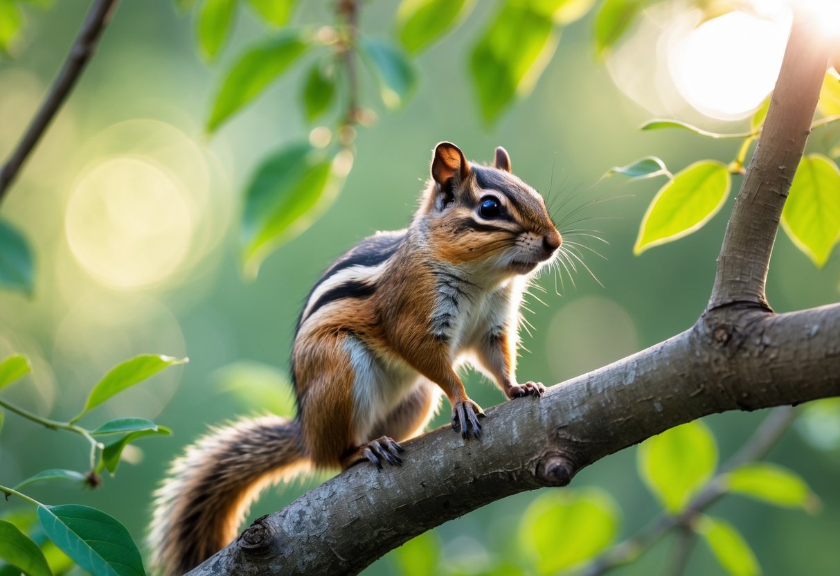A chipmunk sitting on a tree branch surrounded by green leaves in a natural outdoor setting.