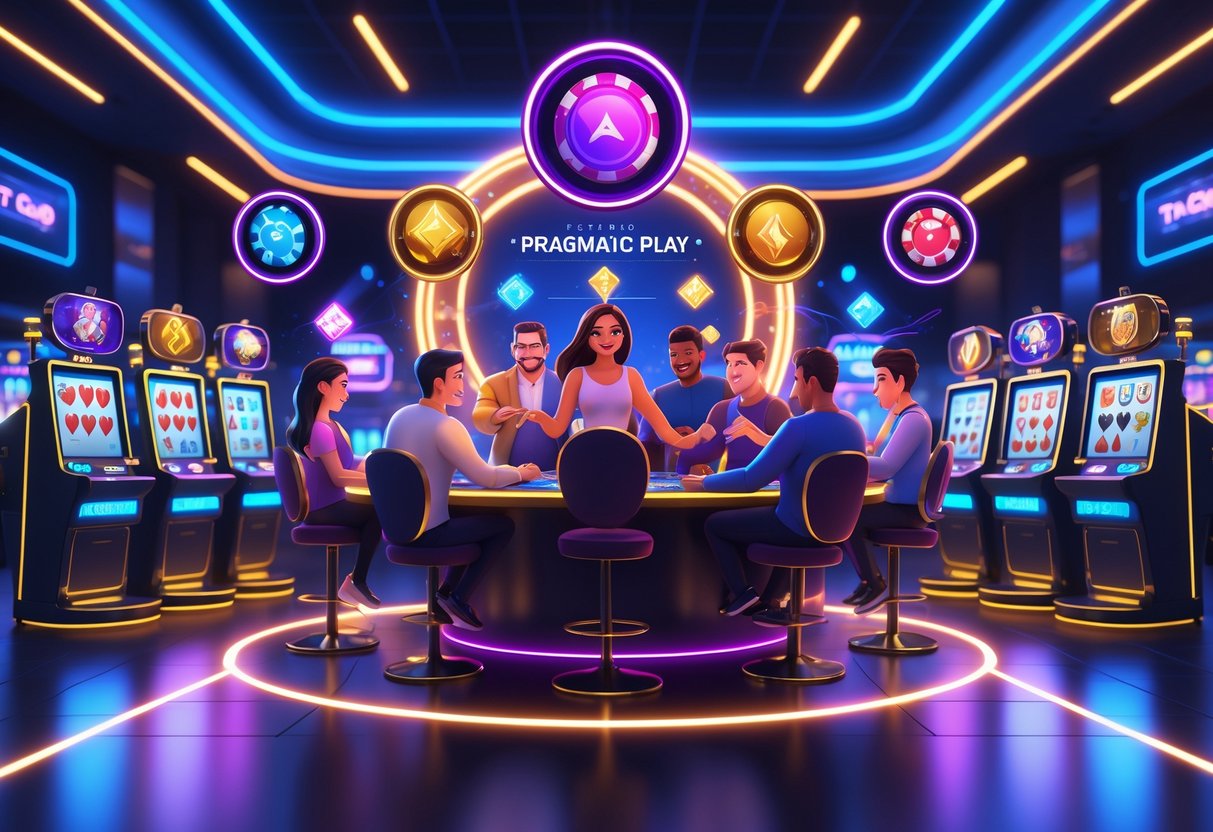 Sejumlah orang bermain di kasino modern dengan mesin slot digital dan meja kartu, dikelilingi oleh tampilan holografik yang menunjukkan tujuh ikon permainan populer.