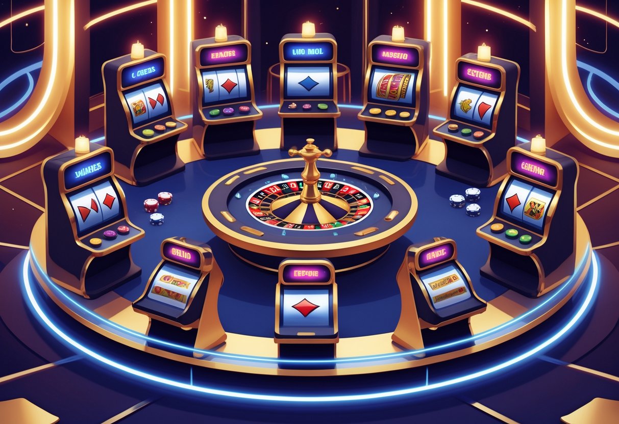 Ilustrasi suasana kasino dengan tujuh elemen permainan kasino populer yang ditampilkan di sekitar meja permainan modern.