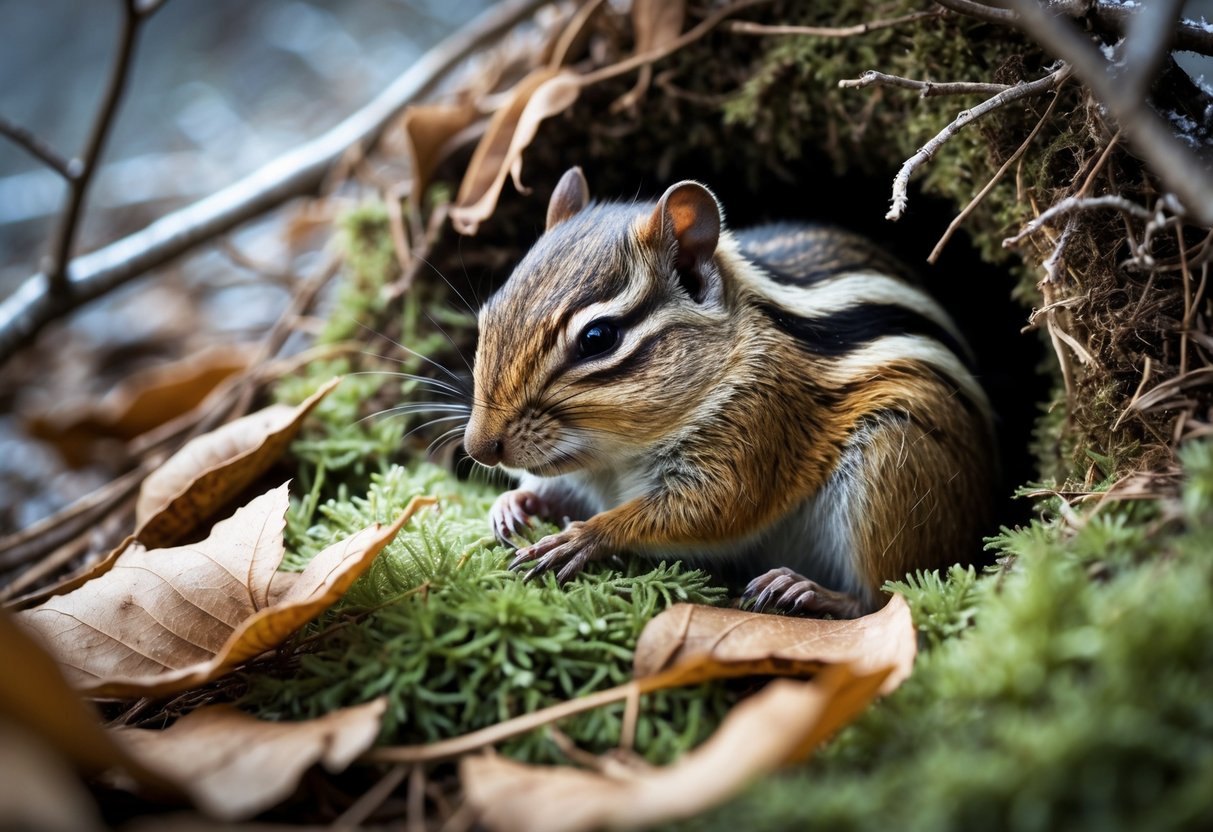 A chipmunk sleeping curled up inside a natural burrow surrounded by leaves and moss on a winter forest floor.