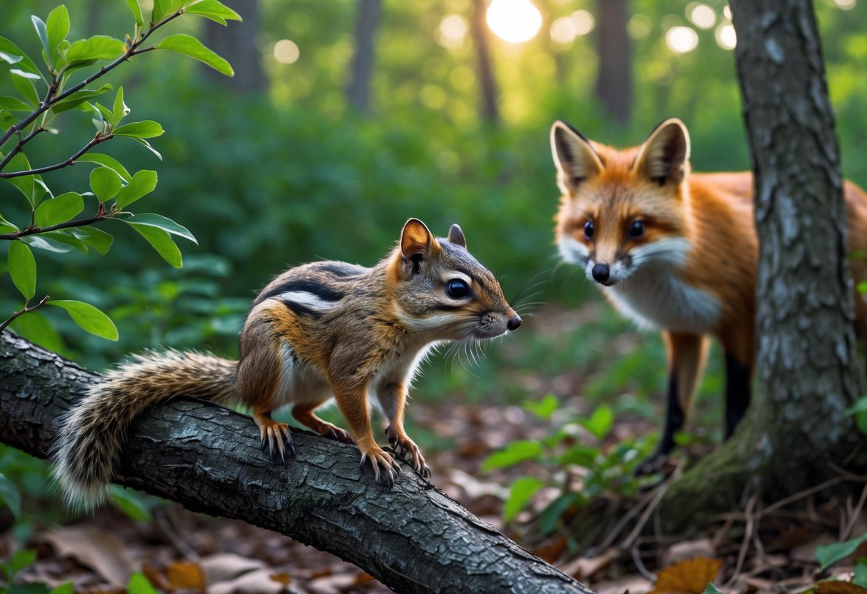 A chipmunk on a tree branch looking cautiously at a nearby red fox in a forest.
