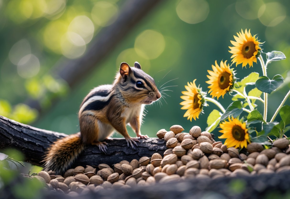 A chipmunk near scattered nuts and bright wildflowers in a green forest setting.