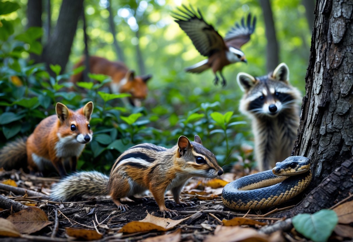 A chipmunk on the forest floor surrounded by a red fox, a hawk flying overhead, a snake coiled nearby, and a raccoon behind a tree in a woodland setting.