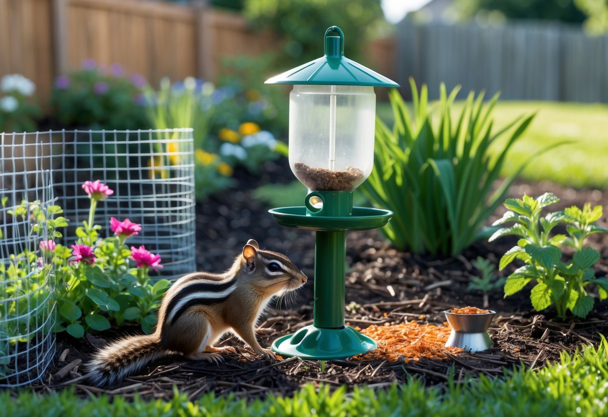 A chipmunk near a garden with plants, a chipmunk-resistant bird feeder, and natural deterrents like peppermint plants and pepper sprinkled on the soil.