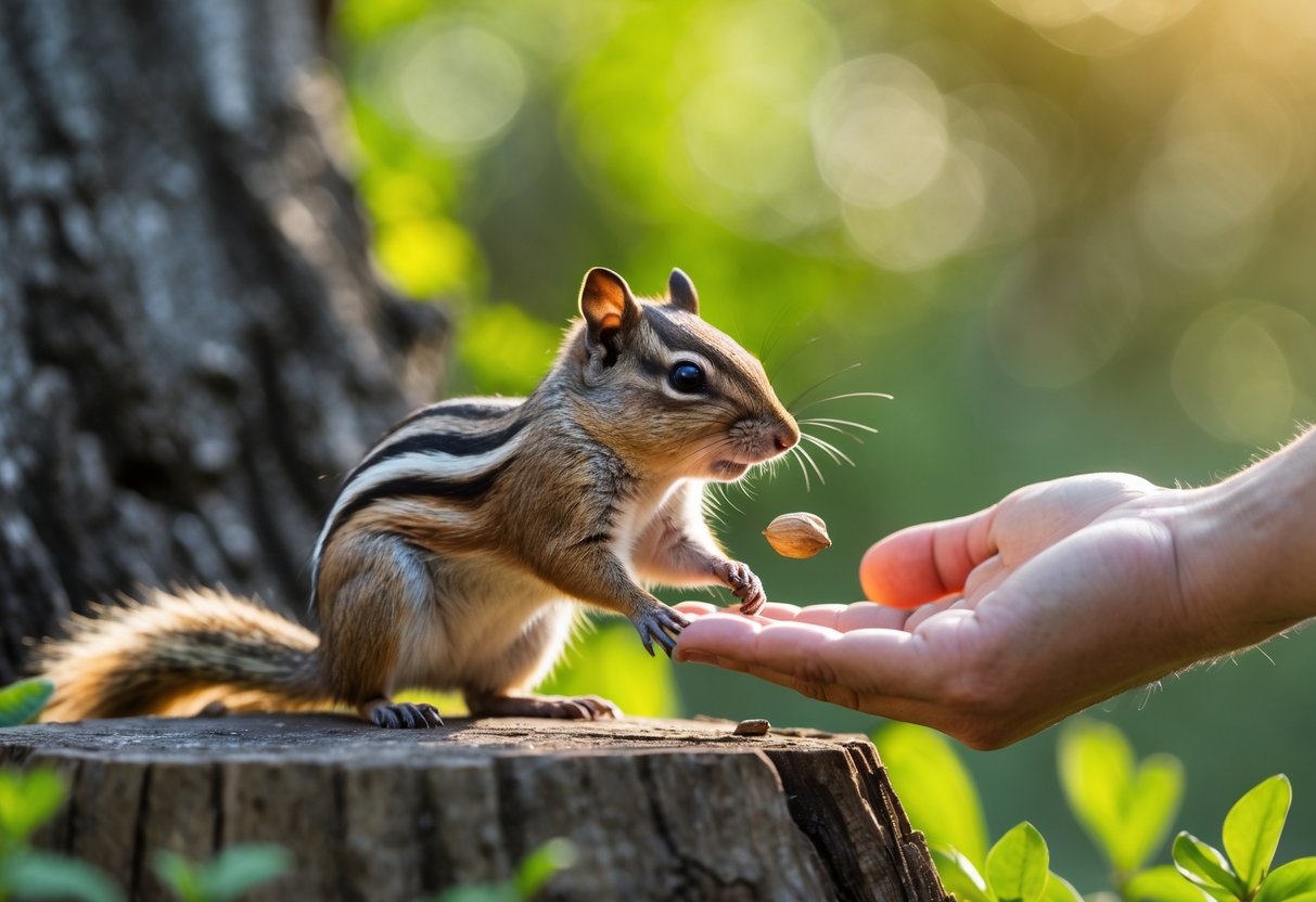 A chipmunk calmly interacting with a human hand offering a nut outdoors.