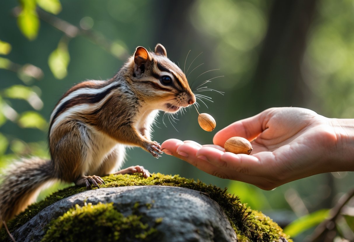 A chipmunk sitting on a rock looking at a human hand offering a nut in a forest.