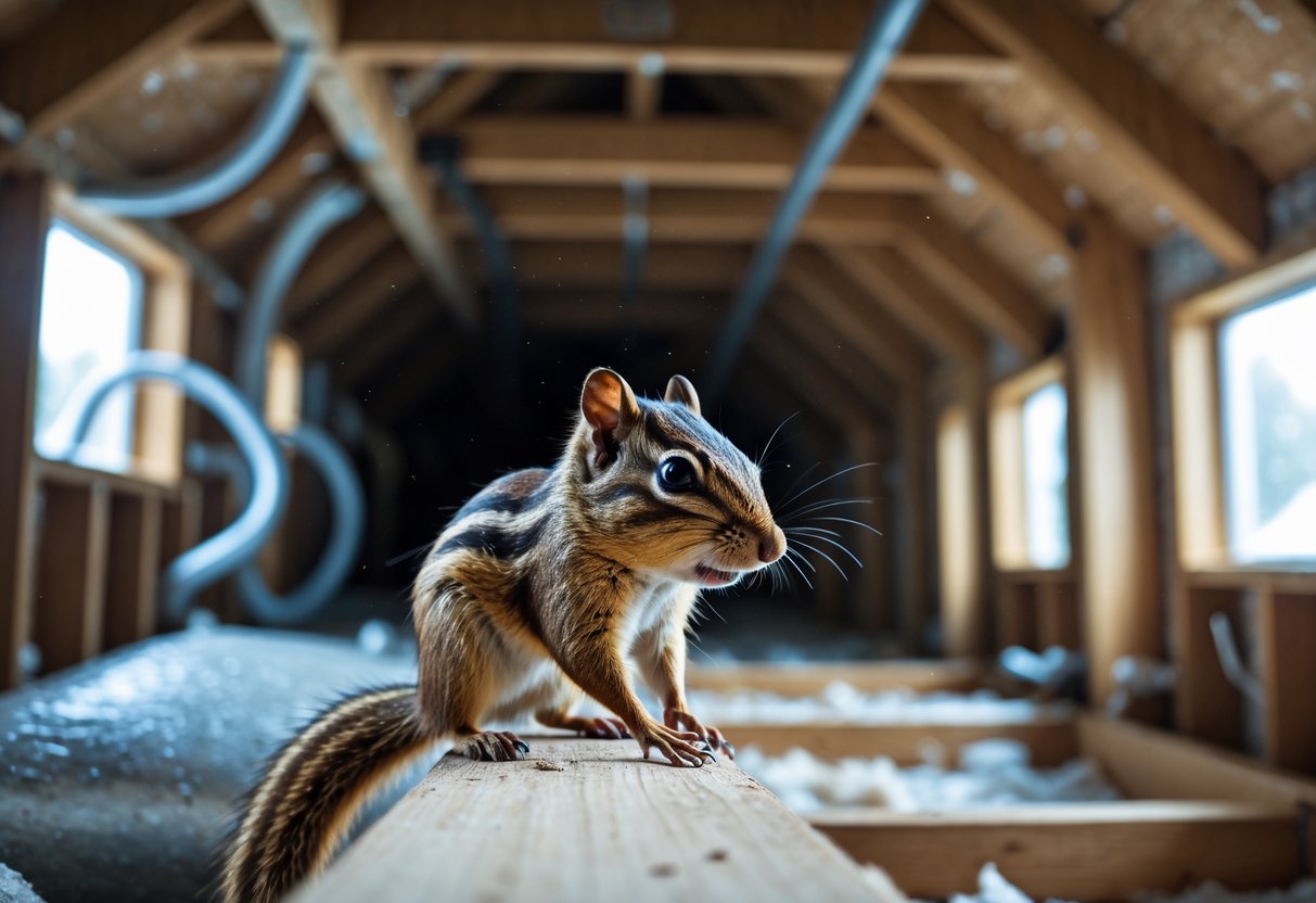 A chipmunk inside a house attic nibbling on wood among wooden beams and insulation.