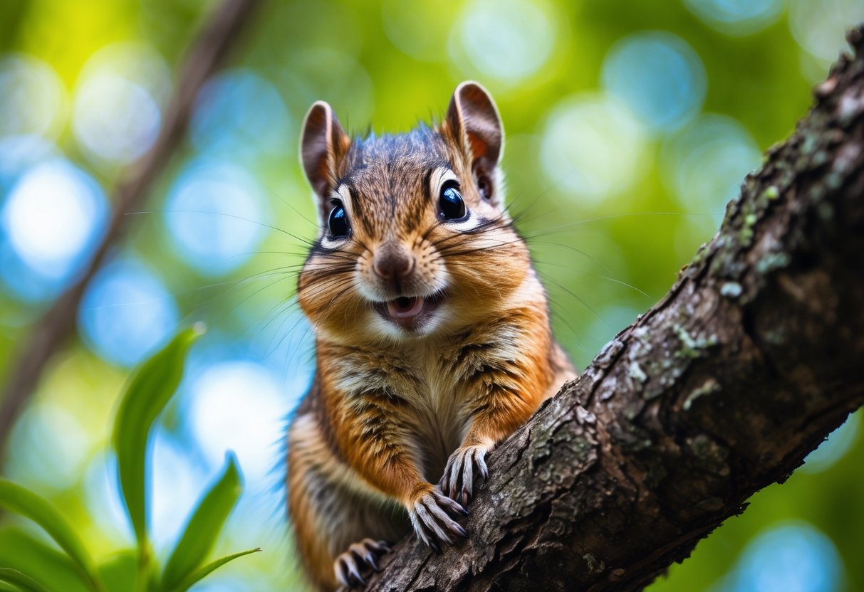 A chipmunk sitting on a tree branch in a forest, looking directly ahead with its mouth slightly open.
