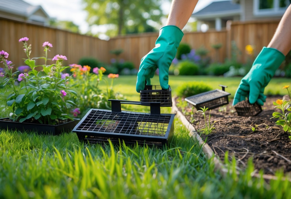 A person placing humane chipmunk traps in a suburban garden near flowers and shrubs.
