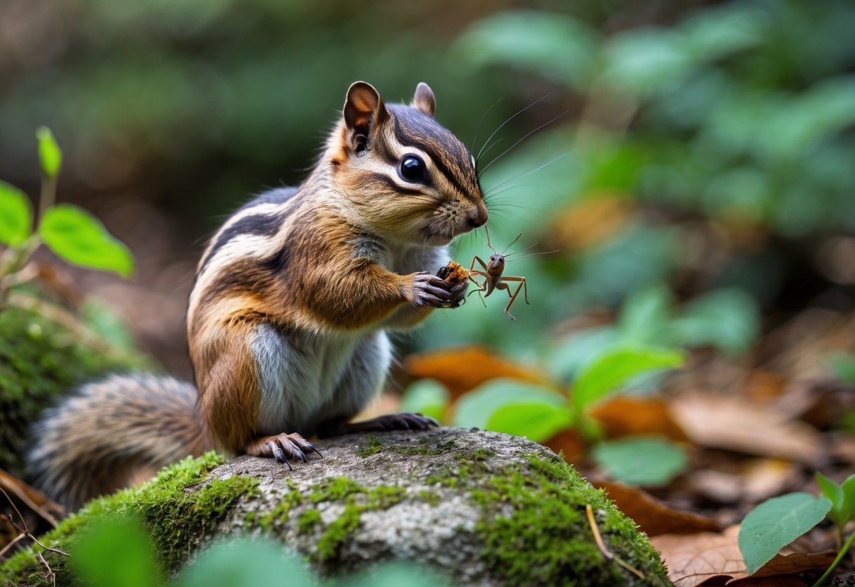 A chipmunk holding an insect while sitting on a mossy rock in a forest.